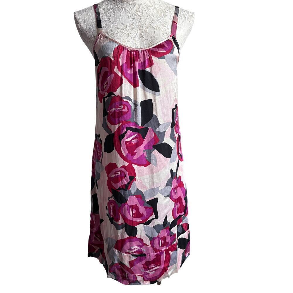 Soma Silk Floral Slip Dress / gown Pink Black Gray Rose Print S Boho Vixen Y2K